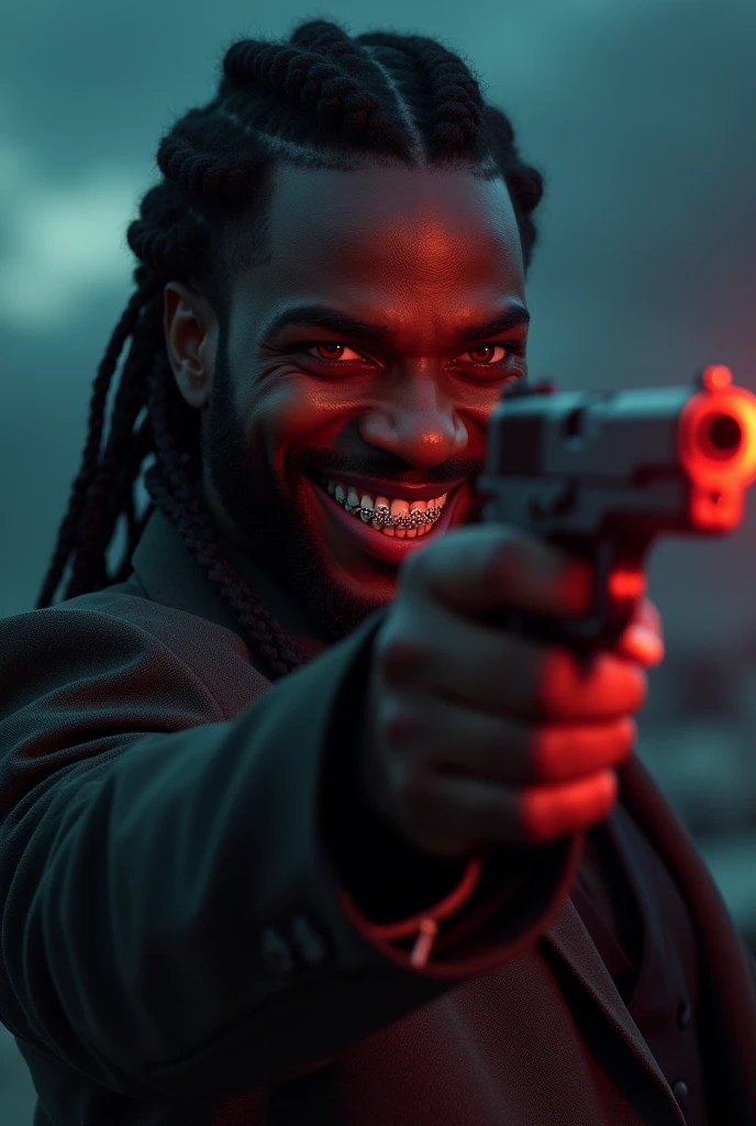 (photorealism:1.2), handsome black man, with braids, smiling, vampire, aiming gun, dynamic, red eyes, grillz, night time