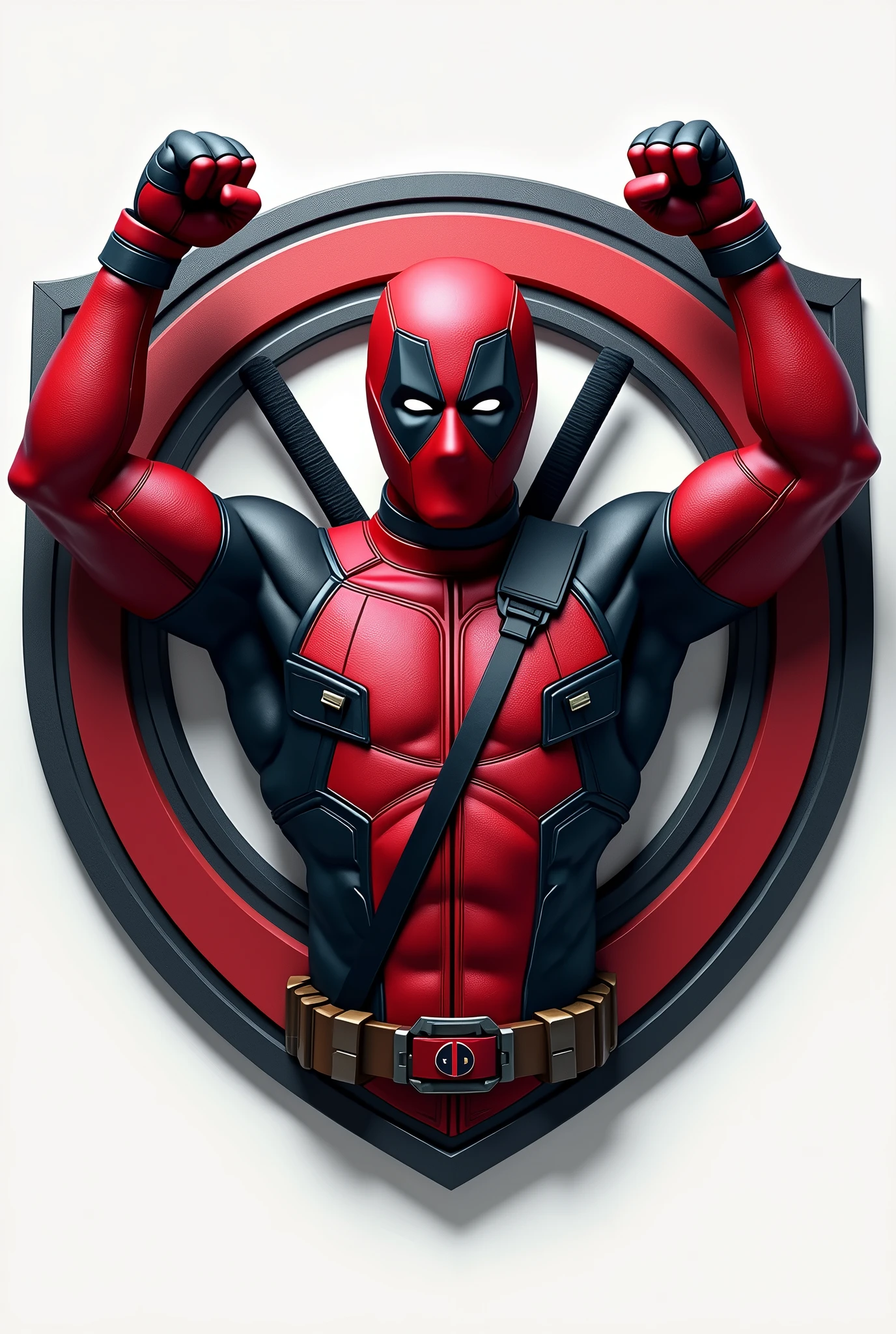 Design a logo featuring an ultra-realistic depiction of a character similar to Deadpool, with hands raised in a victorious pose. The character should be integrated into a shield-shaped emblem. The design should be detailed and lifelike, capturing the character's iconic costume and playful, yet triumphant, expression