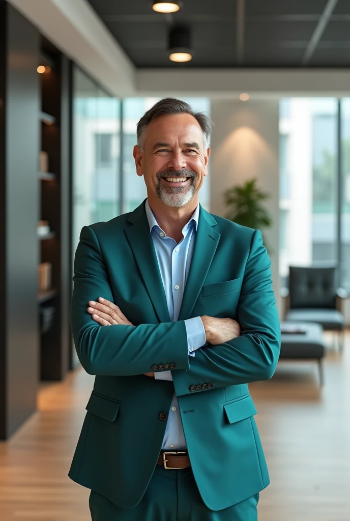 A happy businessman with arms crossed and wearing a teal suit in a modern office