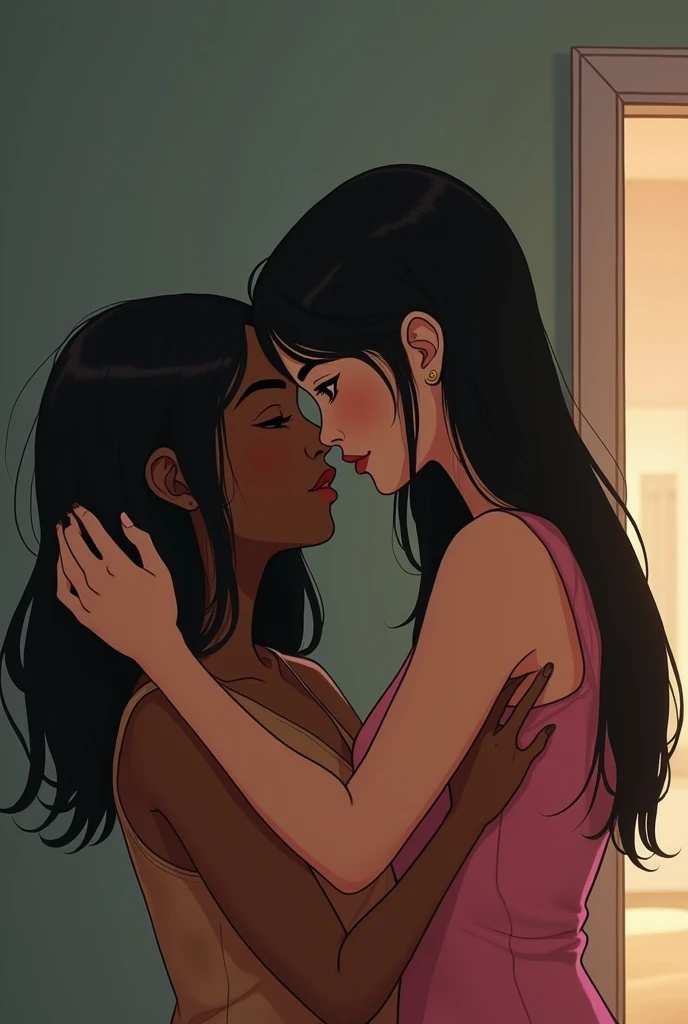 Asian boy with perfect features and a good body hugging an ugly black woman who is having a birthday, The boy has long, straight hair that reaches the height of his eyebrows.(mod cut), The girl is 1