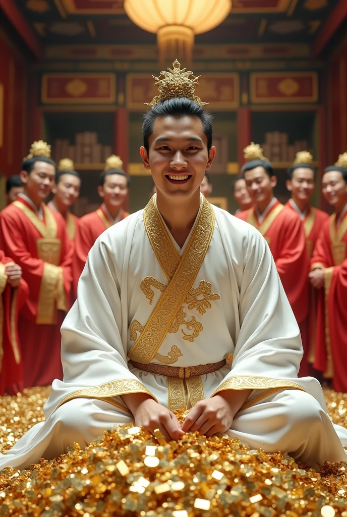 A young man with a clear face and a playful style, with a smile on his face., Wearing a white ancient Chinese costume with gold trim, resembling a deity. He is the head of a large and very wealthy cult.. He stood at the front and was surrounded by young male disciples.. Many of his disciples also wore ancient Chinese clothing in various colors.. colorful, It looks luxurious. He is sitting on a pile of gold and silver. Behind him is a large office.