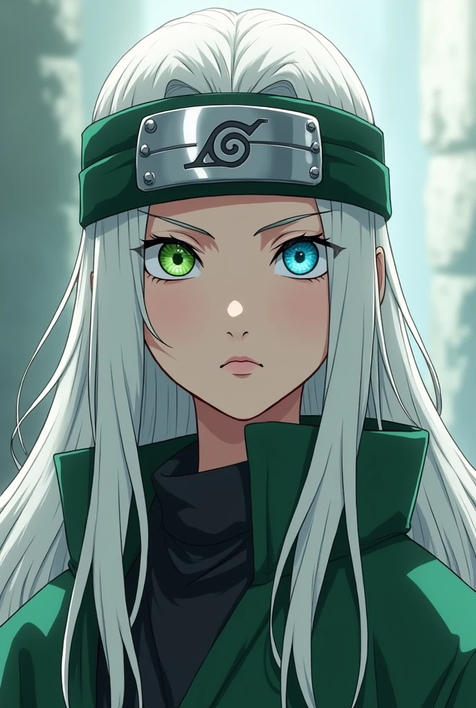 long white hair anime, green left eye and blue right eye with Naruto leaf village headband with shikadai Nara
