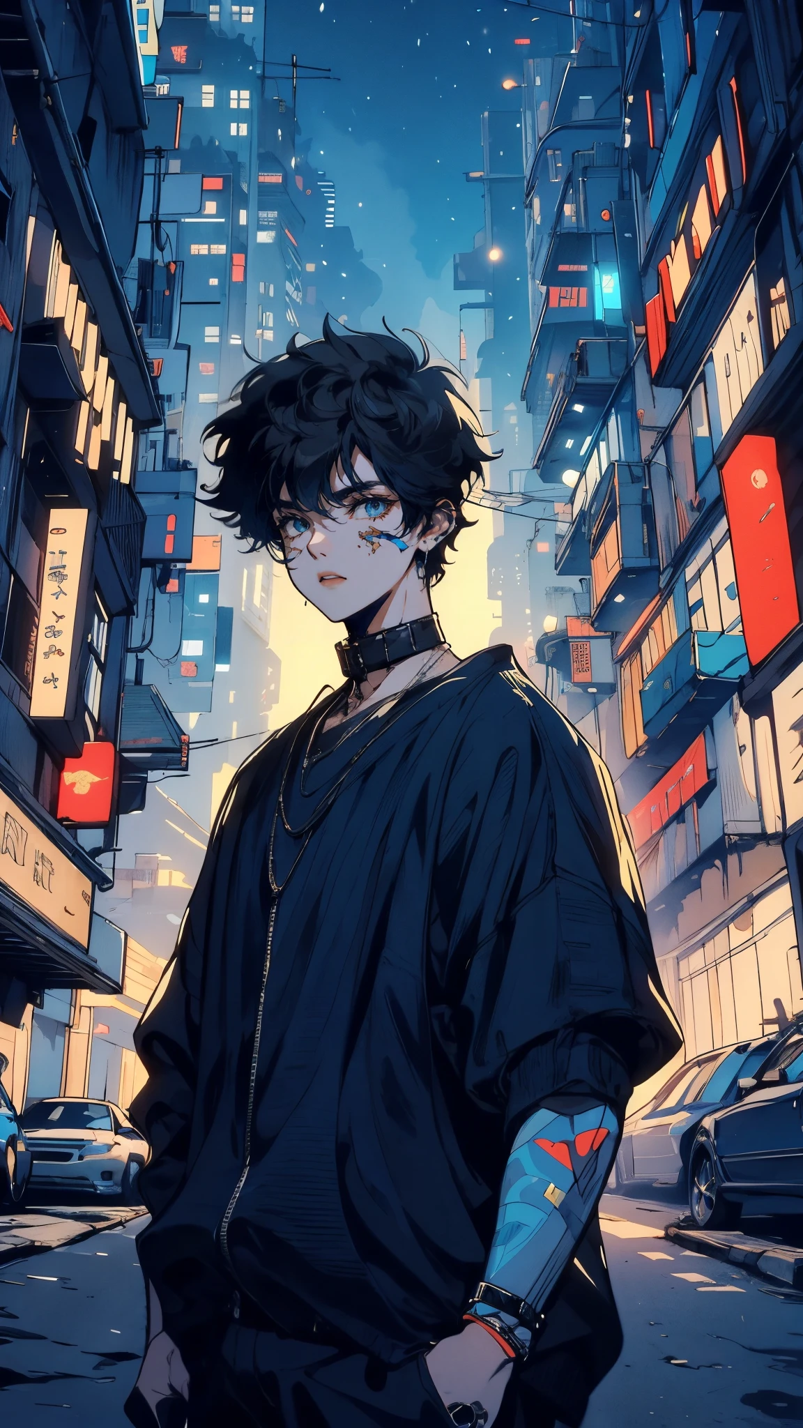 (high quality), (masterpiece), (detailed), 8K, (Dark blue-haired teenage boy1.3) stands calmly in (sprawling cyberpunk metropolis1.3), surrounded by (towering neon-lit skyscrapers1.2). Behind him, a (quiet hidden alleyway1.3) filled with soft, warm lights offers a peaceful retreat from energetic city streets. (high quality), (masterpiece), (detailed), 8K, Anime style character with (cool and edgy tattoos1.3), dressed in (fashionable clothing1.2), posing confidently. Expression fierce, stylish accessory coiled around arm. Thicker outlines emphasize striking, modern fashion, vibrant palette enhances scene.