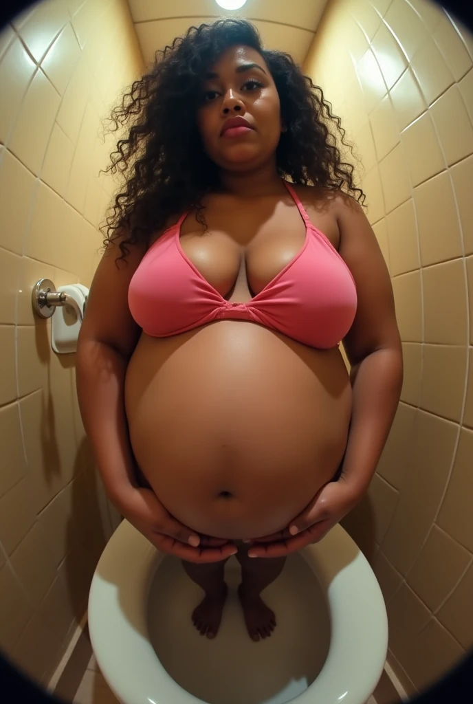 Pov fisheye camera view when fat mother cardi B plus size is 9 months 39 weeks pregnant facial expression when defecating in the toilet at home with a big belly and wearing a bikini bra. HD, cinematic, 25k, ultra detail, extra-high shapering, masterpiece