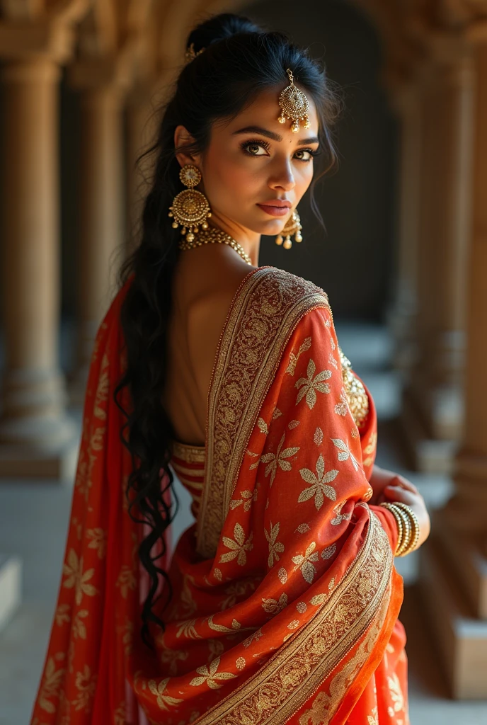 a woman in a sari posing for a picture, Bollywood goddess, traditional beauty, beautiful goddess, ornate cosplay, super model, beautiful maiden, gorgeous woman, provocative gorgeous beautiful woman, intricate outfit, hindu aesthetic, beautiful girl, extremely detailed goddess shot, jaw-dropping beauty, gorgeous face eyes nose lips body, big  deep cleavage sexy navel big hips, chubby girl, uhd 8K highest resolution highest quality, shiny skin, highly detailed, hyper realistic, thick girl, plus size model 