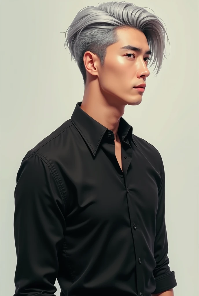 A beautiful asian man, tall, wearing black shirt, silver hair with coma style, manhwa