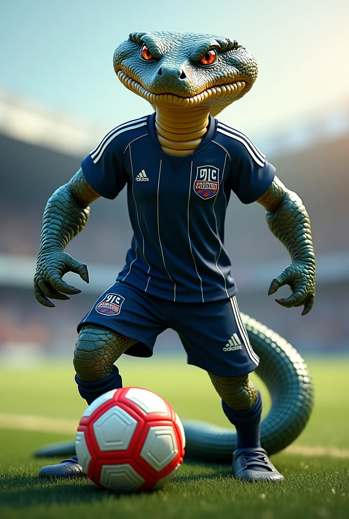 An animated cobra snake with a strong warrior-like appearance is standing in a dynamic pose like a football player. He holds a soccer ball. He is wearing a dark navy blue sports shirt with white vertical stripes., similar to football shirts. The background of the image is simple, or it could represent a football field. The scene conveys energy and fun, with the elephant showing enthusiasm for the game.