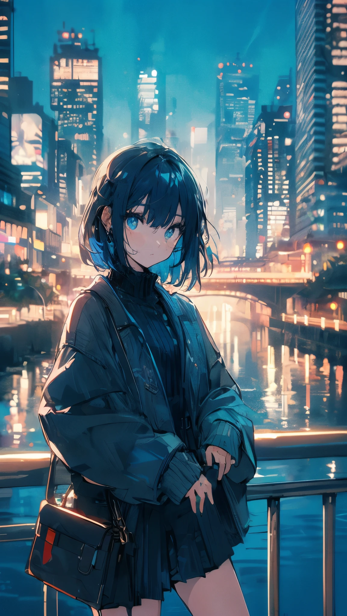 (high quality), (masterpiece), (detailed), 8K, (Bustling cyberpunk metropolis1.3), (age girl with dark blue hair1.3) stands peacefully at (neon-lit bridge1.3) overlooking quiet river. Soft glow of city lights reflects on water, creating serene and cozy scene amidst (towering skyscrapers1.2). (high quality), (masterpiece), (detailed), 8K, Anime style character with (cool and edgy tattoos1.3), dressed in (fashionable clothing1.2), posing confidently. Expression fierce, stylish accessory coiled around arm. Thicker outlines emphasize striking, modern fashion, vibrant palette enhances scene.