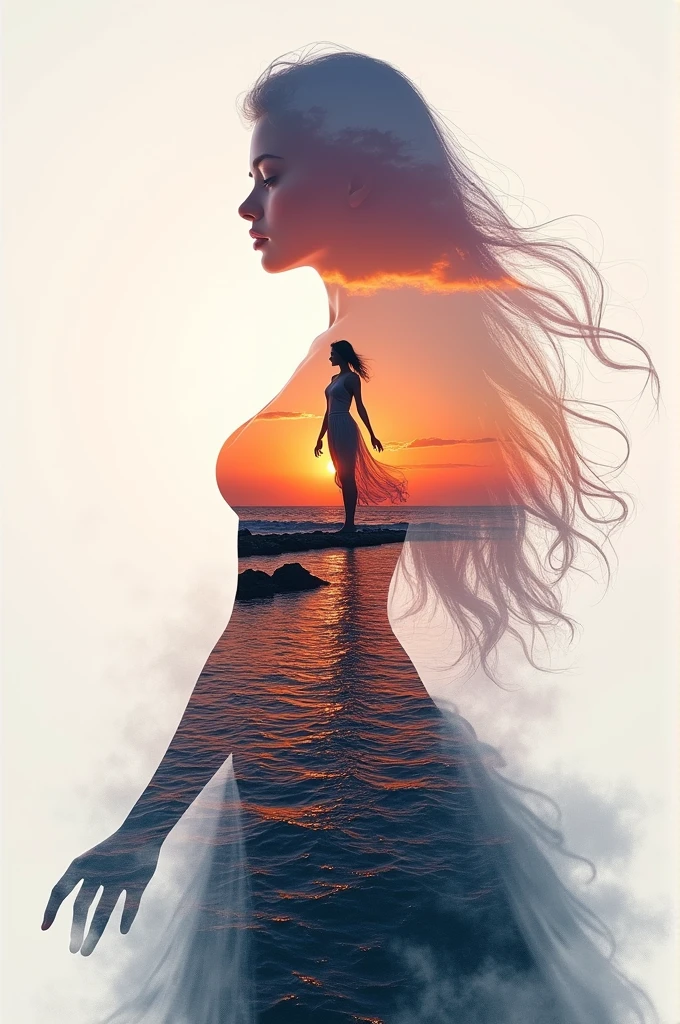 high quality, 8K Ultra HD, A beautiful double exposure that combines an goddess silhouette with sunset coast, sunset coast should serve as the underlying backdrop, with its details incorporated into the goddess , crisp lines, The background is monochrome, sharp focus, double exposure, by yukisakura, awesome full color,