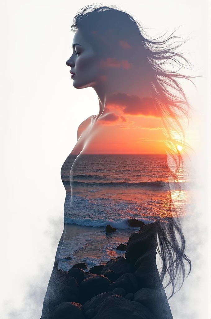 high quality, 8K Ultra HD, A beautiful double exposure that combines an goddess silhouette with sunset coast, sunset coast should serve as the underlying backdrop, with its details incorporated into the goddess , crisp lines, The background is monochrome, sharp focus, double exposure, by yukisakura, awesome full color,