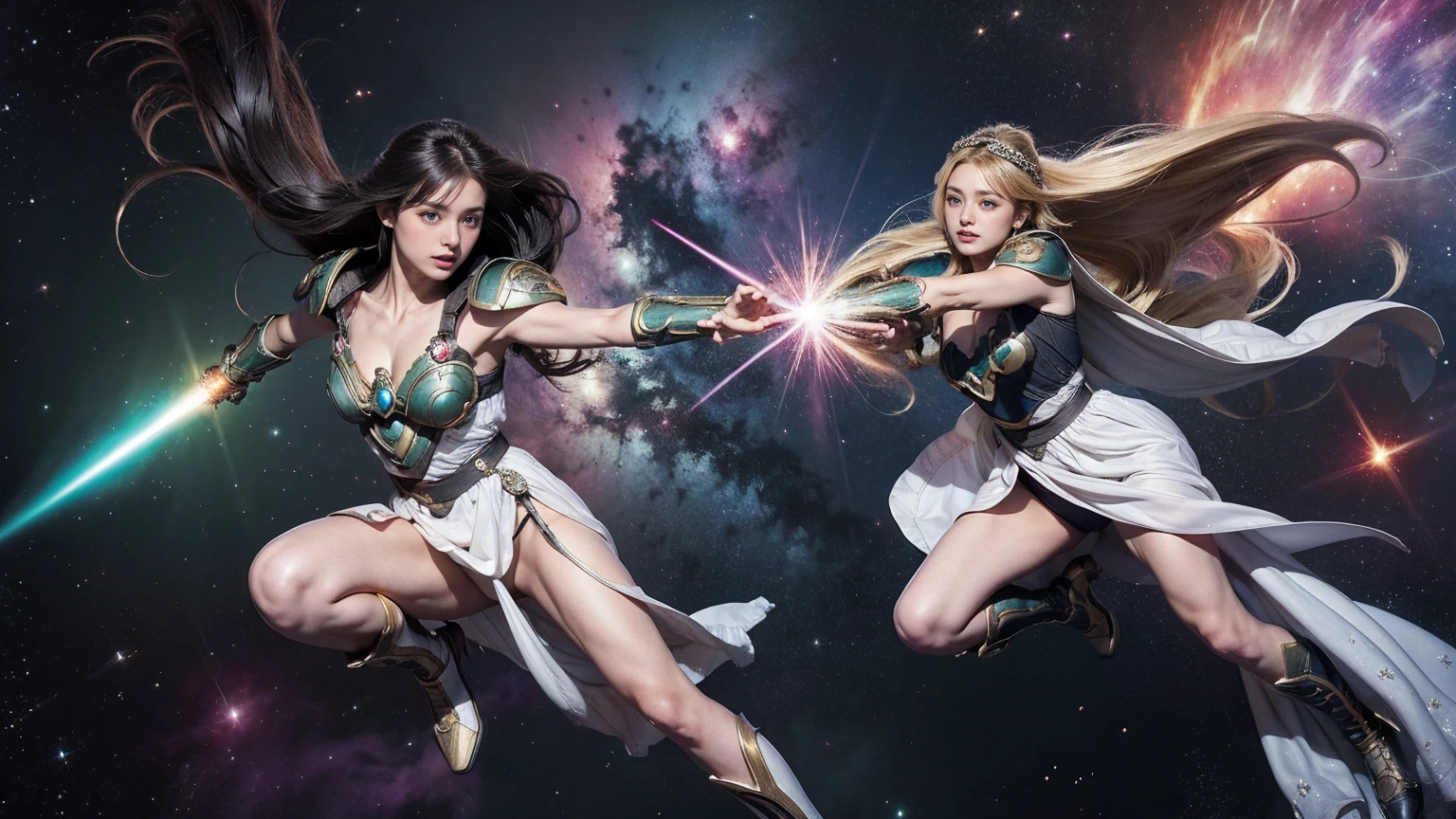 (3By people) inconceivable and spectacular an emergency scene of a cloud figure Sophie Turner in a Cosmic cloud, フラクタルnebula連鎖, Cosmic, null, Cosmic, A living presence, whirlwind, spinning, unrealistic, High Contrast, Symbolism, magic, mystery的な, mystery, Surreal, Supersaturation, colorful, 8k、Black Hair、Greek goddesses in silver armour、Mirror Armor、Star Boots、Reflects all laser beams、nebula、Star-Smashing Power、High pass filter、Releases energy in all directions、Valkyrie、Sandra、