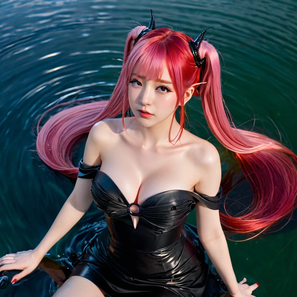 (abyss) 1girl bangs bare shoulders breasts cleavage cleavage cutout closed eyes crescent crescent facial mark double bun dress facial mark facing viewer forehead mark horns long hair medium breasts parted bangs partially submerged pink hair red hair solo very long hair wading water