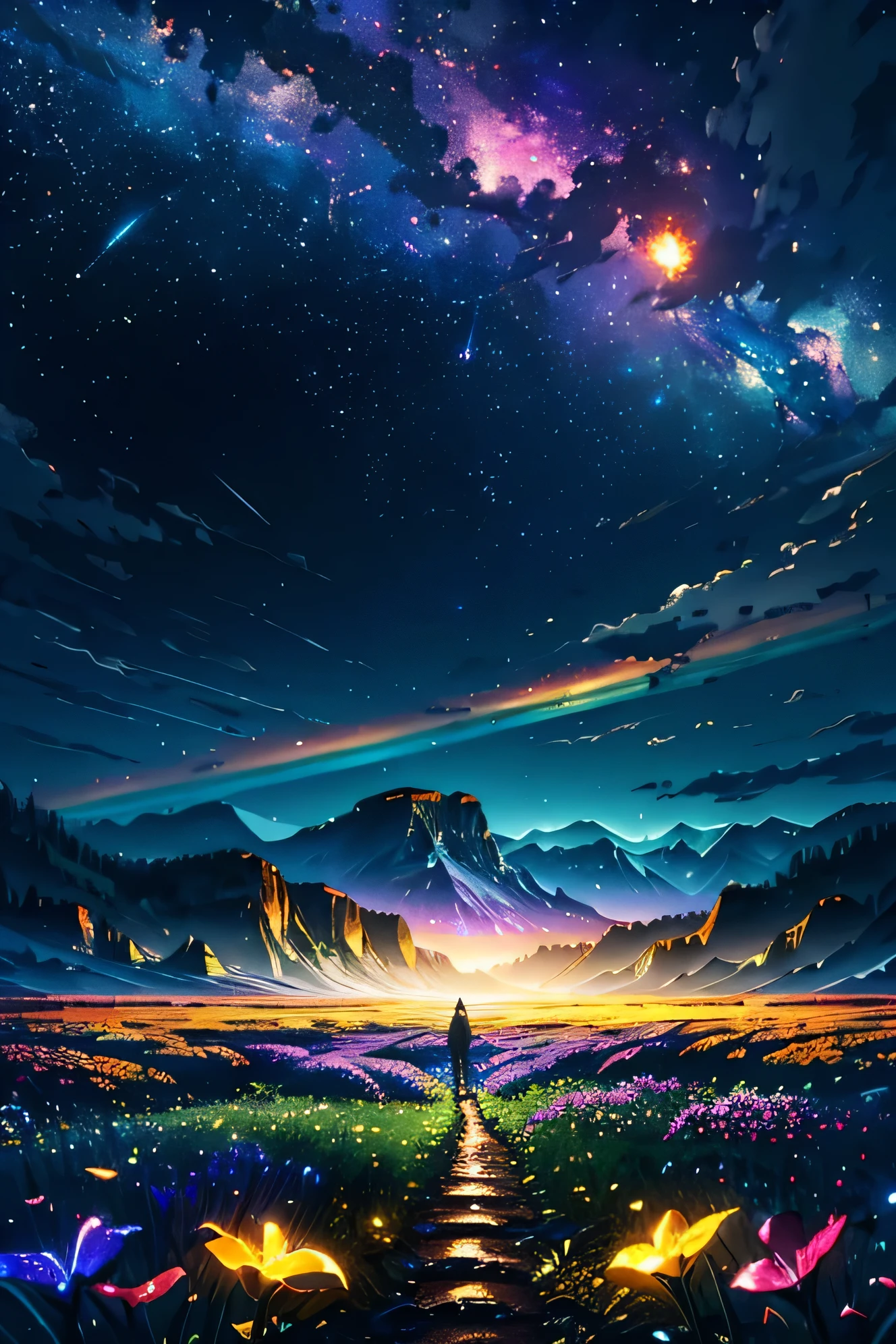 Wide-ranging landscape photos , (The view from below,Above is the sky,There is an open field below), Back view of a girl standing in a flower field and looking up, (Full Moon:1.2), ( meteor:0.9), (nebula:1.3), Distant Mountains, Tree fracture making art, (Warm light source:1.2), (firefly:1.2), lamp, Lots of purple and orange, Intricate details, Volumetric LightingBREAK
(masterpiece:1.2), (best quality), 4K, Extremely detailed, (Dynamic Synthesis:1.4), Very detailed, Colorful Detailed,( Rainbow Colors:1.2), (Luminous lighting, Atmospheric lighting), Dreamy, magic, (Solitary:1.2)