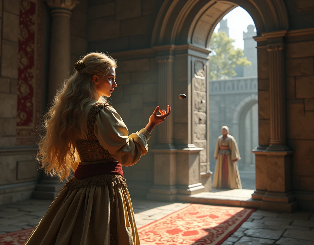 (photorealism:1.2), medieval blonde woman inside a castle, throwing a pebble to a man on a door from far