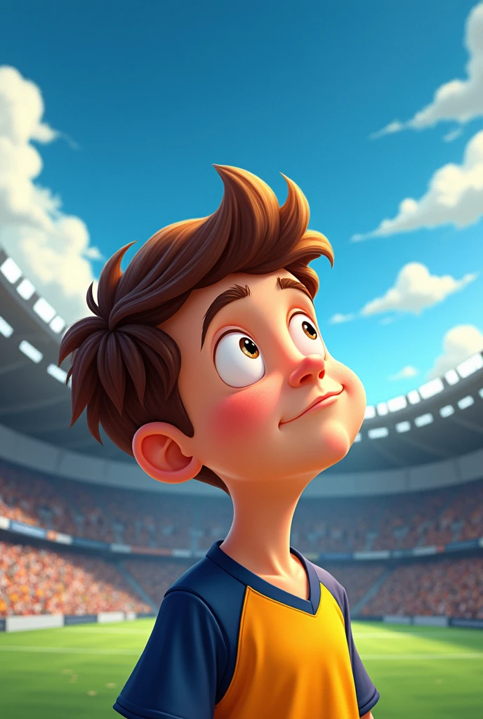 Cartoon of a boy closing his eyes thinking about a football stadium and being on TV