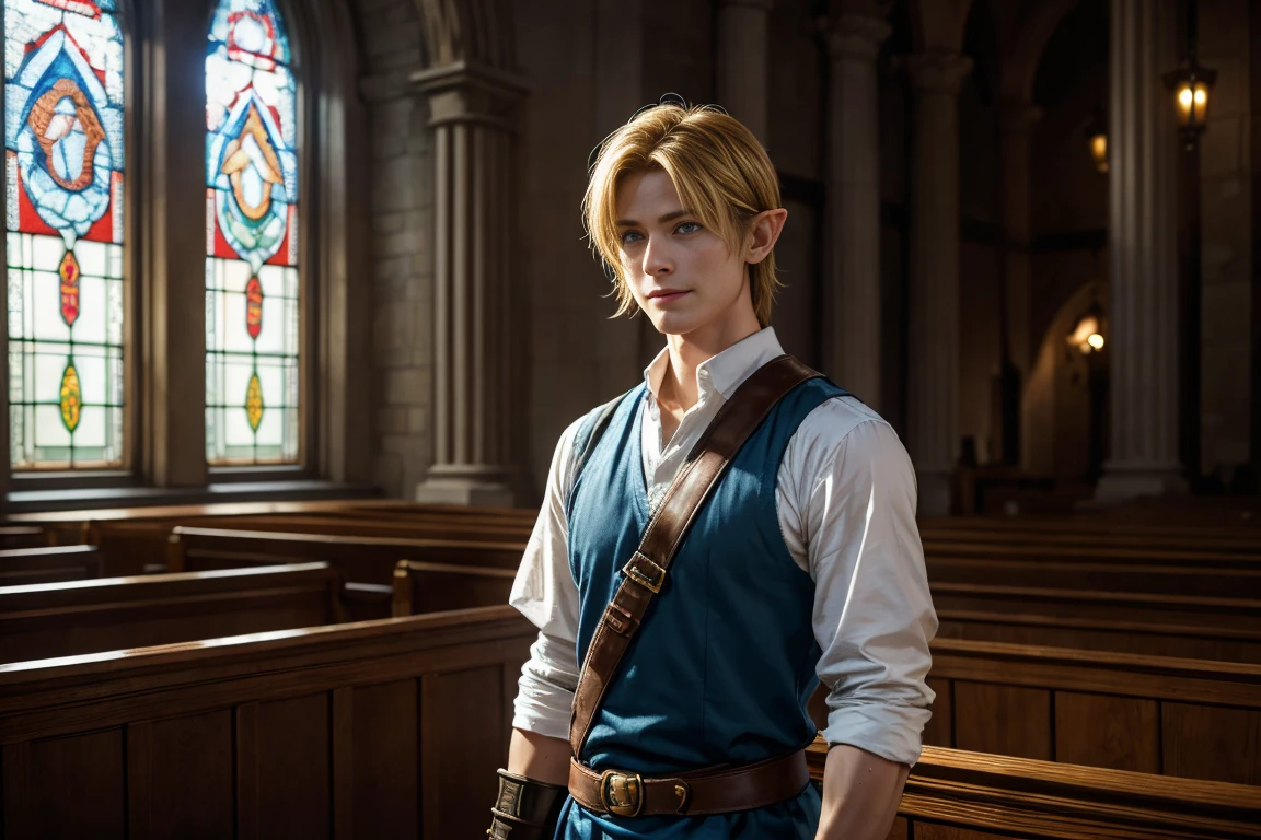 Very detailed, Live Action、Ultra-realistic digital portrait of Link from The Legend of Zelda, Very detailed顔の特徴, Piercing blue eyes, Sharp jawline, disheveled golden hair, Confident expression、Smiling slightly, 緑をテーマにしたエルフの服

The interior of the church is bathed in a warm, soft light from the stained glass windows, casting gentle hues across the stone walls and floor. Link’s face shows a mixture of relief and steadfast resolve, with his strong jawline and confident stance. He may be resting one hand on the hilt of his sword or adjusting his gear, ready to continue his quest even in this moment of respite.