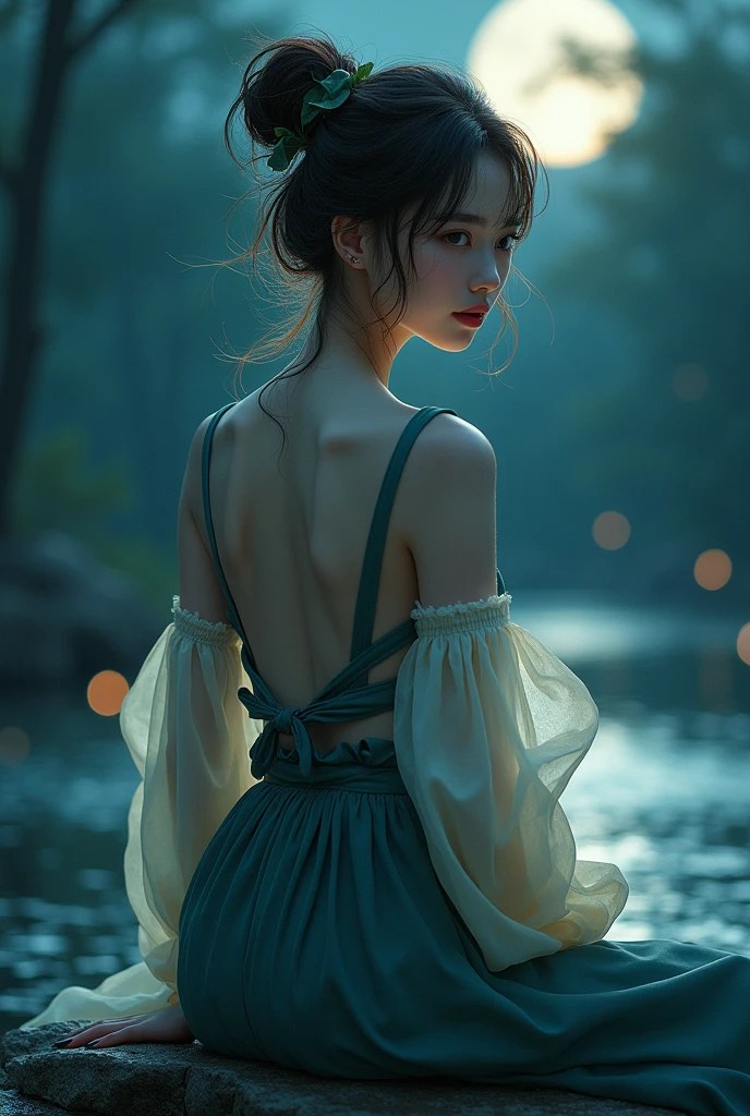 gufeng, bare shoulder, masterpiece, best quality:1.2), 1girl, solo, ((bare shoulders)), night, Moonlight, ((full body)), ((from below)), ((Play in the river, sitting position, sit on rock)), shiny, sweet girl, figure of heroine, Slender, very beautiful, Leaking sexy legs, Big breasts, beauty, mystery. Beautiful, otherworldly face, Straight nose, Cherry-colored lips, Confident and calm, Chiseled features, Skin as fair as jade, Light and delicate makeup, Showcasing her charm and temperament. Transparent skin, Perfect eyebrows, eye makeup, bright eyes with energetic gaze. Graceful lipstick, sophisticated and chic clothes fluttering, blown by the wind, drifting into the distance. Graceful, swinging action, Hair tied haphazardly with a hosta, Strands fluttering gently in the wind. A captivating landscape of beauty, grace, and mystery.