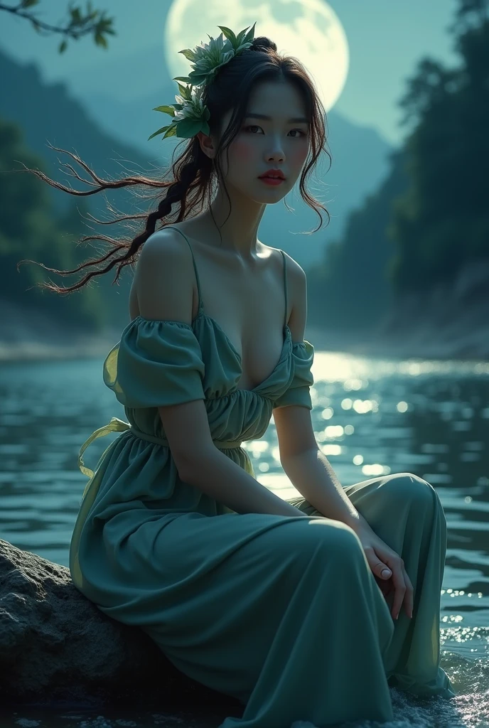 gufeng, bare shoulder, masterpiece, best quality:1.2), 1girl, solo, ((bare shoulders)), night, Moonlight, ((full body)), ((from below)), ((Play in the river, sitting position, sit on rock)), shiny, sweet girl, figure of heroine, Slender, very beautiful, Leaking sexy legs, Big breasts, beauty, mystery. Beautiful, otherworldly face, Straight nose, Cherry-colored lips, Confident and calm, Chiseled features, Skin as fair as jade, Light and delicate makeup, Showcasing her charm and temperament. Transparent skin, Perfect eyebrows, eye makeup, bright eyes with energetic gaze. Graceful lipstick, sophisticated and chic clothes fluttering, blown by the wind, drifting into the distance. Graceful, swinging action, Hair tied haphazardly with a hosta, Strands fluttering gently in the wind. A captivating landscape of beauty, grace, and mystery.