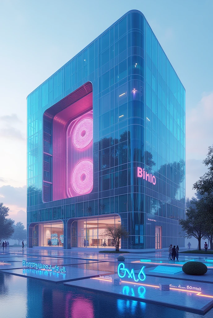 Futuristic Building Fourth dimensional building Blue and pink glass
low Complex Museum Particle Computer SF Circles and Squares Transparent tablet advertising in front of a building Letters made of blue light in space movie theatre