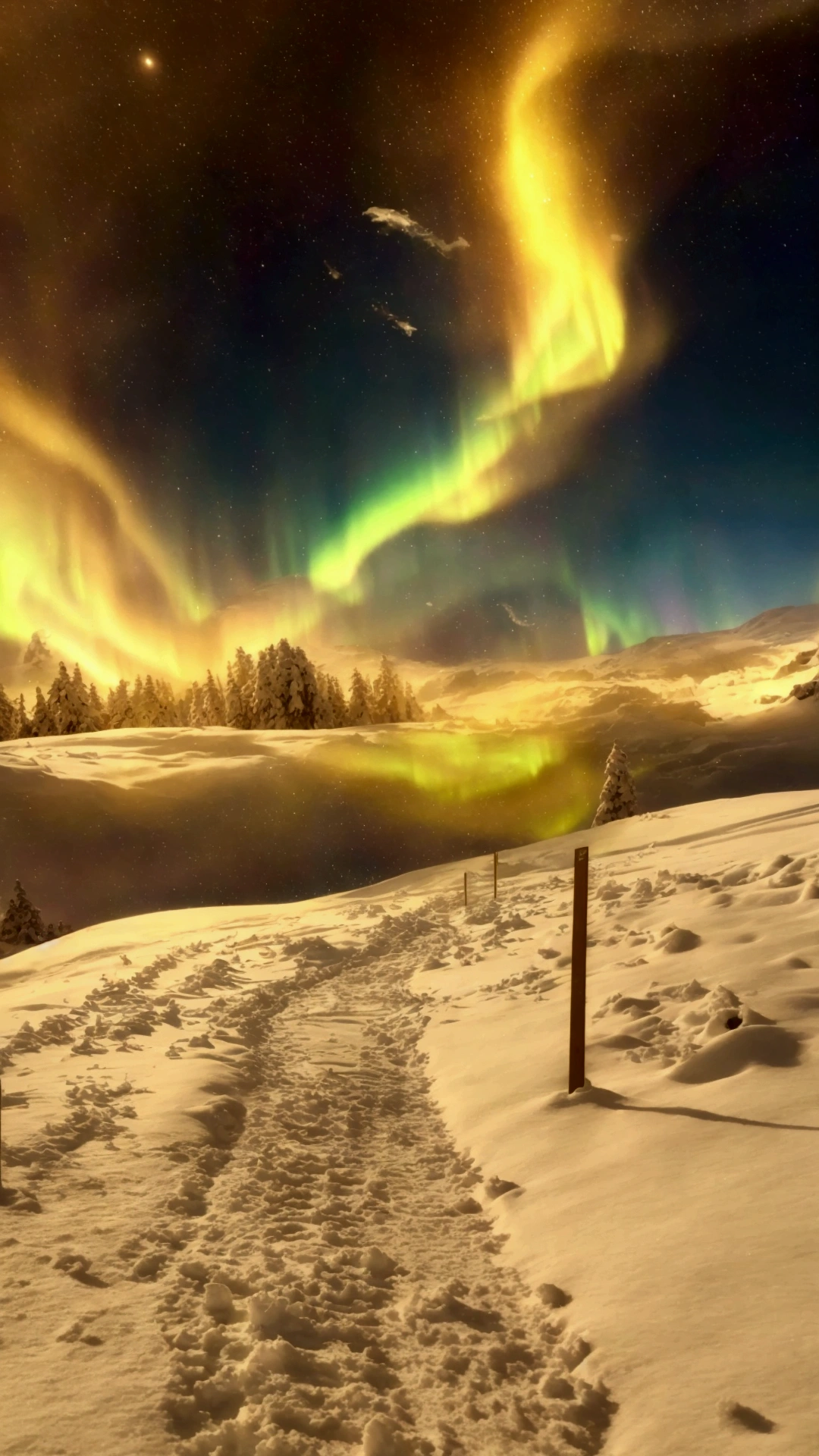 Snow Scene，A path leads to the bright aurora, highly detailed surreal vfx, Lens flare snowstorm, 4k HD matte digital, Beautiful art UHD 4K, Max Reeve, Beautiful composition 3-D 4K, Magical colors and atmosphere, Magical colors and atmosphere, Solar flare Unreal Engine, beautiful scenery, Glowing Snow, Stunning screensaver