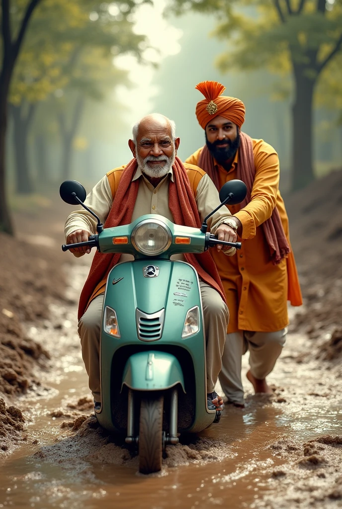 Ek uncle hai jinka scooter kichad mein fas Gaya hai unki help ladka Karta hai piche se vah dhakka de raha hai jismein shaadi ki sherwani pahani hai aur sar per sehra lagaya hai back images