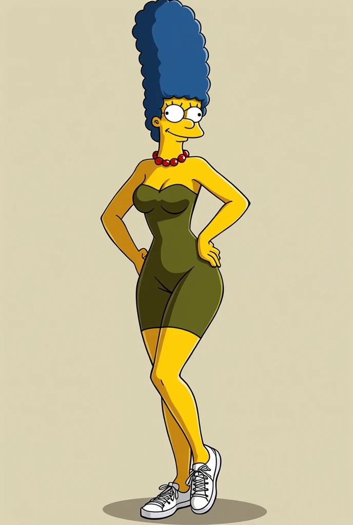 Marge simpson perfect slim body, olive green fitted dress sneakers, Whole body, sexual traits smile closed mouth cartoon