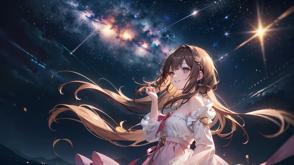 ((Highest quality、masterpiece、Ultra-fine、Ultra-fine、Exquisite、Golden Ratio,16K、Brown Hair,The best smile,Full HD、 The night your smile shines )), (Side angle,profile,One person))Long eyelashes、White skin、(Pale pink lips、Pale pink cheeks、thin and long)、((One person)),birthday,Stars floating in the night sky,meteor