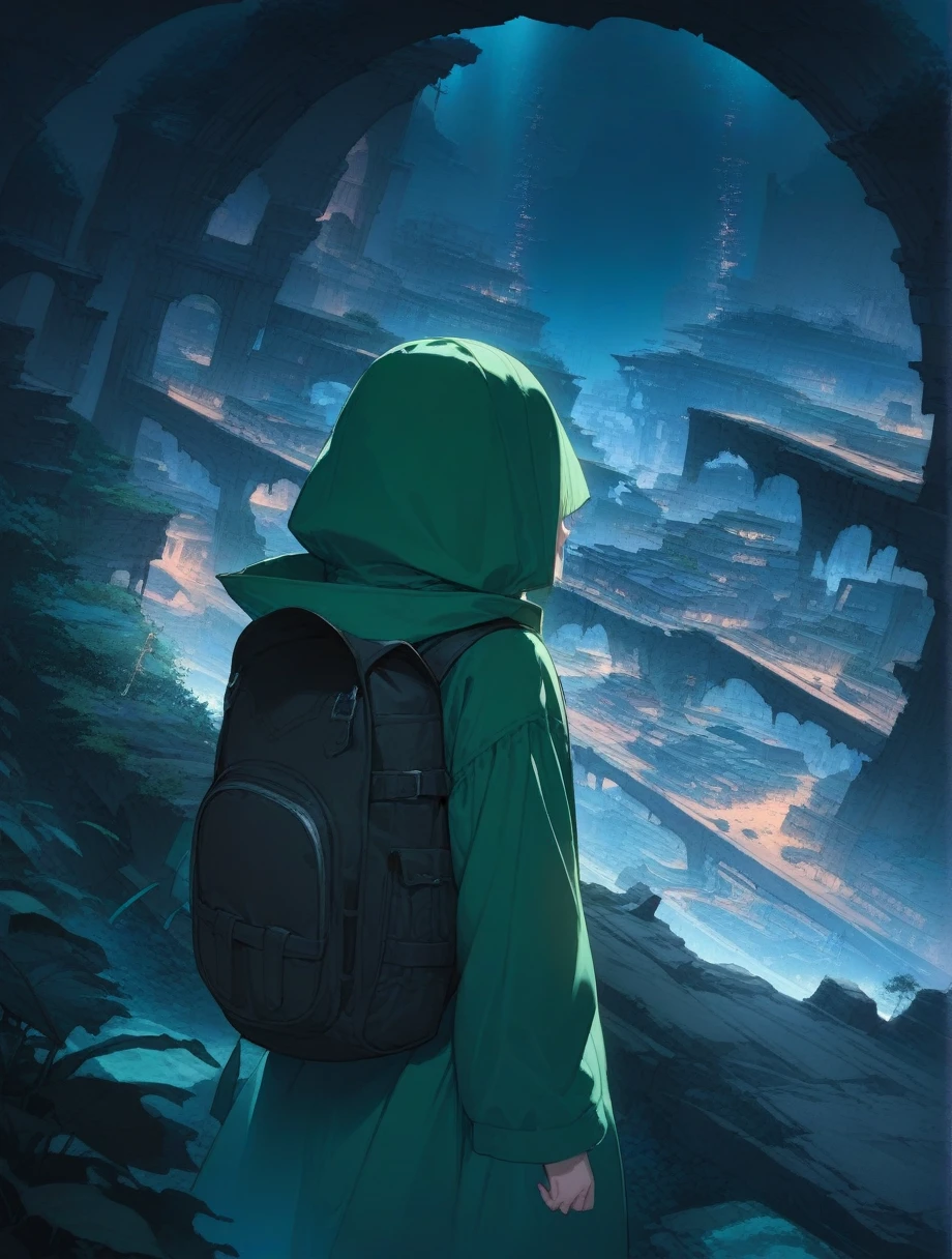 score_9, score_8_up, score_7_up, score_アニメ, masterpiece, best quality, delicate illustration, sharp line, sharp focus, BREAK,Traveler girl wandering in the ruins of endless night, the girl is wearing a hood, a lot of baggage in her backpack., night、City of the Future、Fantastic landscape、Beautiful Landscape、Harmony with Nature、Spectacular views、Machine City