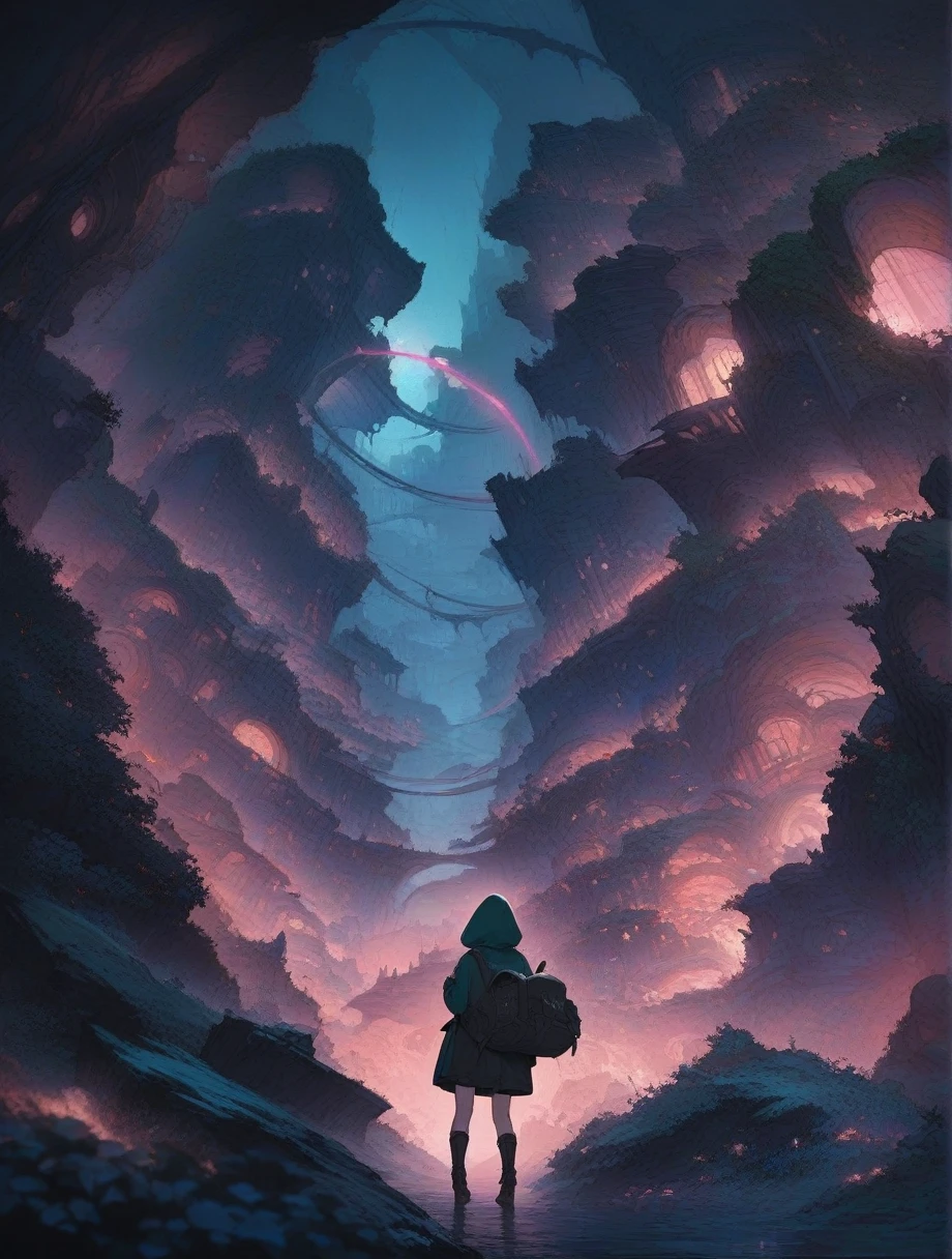 score_9, score_8_up, score_7_up, score_アニメ, masterpiece, best quality, delicate illustration, sharp line, sharp focus, BREAK,Traveler girl wandering in the ruins of endless night, the girl is wearing a hood, a lot of baggage in her backpack., night、City of the Future、Fantastic landscape、Beautiful Landscape、Harmony with Nature、Spectacular views、Machine City