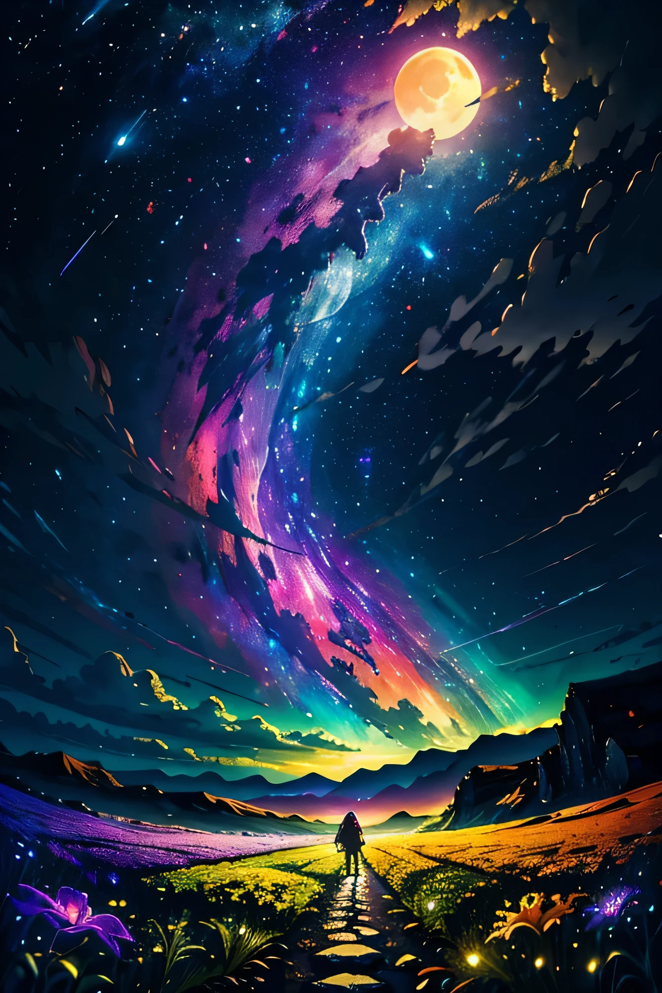 Wide-ranging landscape photos , (The view from below,Above is the sky,There is an open field below), Back view of a girl standing in a flower field and looking up, (Full Moon:1.2), ( meteor:0.9), (nebula:1.3), Distant Mountains, Tree fracture making art, (Warm light source:1.2), (firefly:1.2), lamp, Lots of purple and orange, Intricate details, Volumetric LightingBREAK
(masterpiece:1.2), (best quality), 4K, Extremely detailed, (Dynamic Synthesis:1.4), Very detailed, Colorful Detailed,( Rainbow Colors:1.2), (Luminous lighting, Atmospheric lighting), Dreamy, magic, (Solitary:1.2)