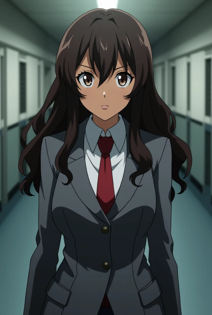 boku no hero screenshot, beautiful woman, dark brown skin tone, long wavy dark brown hair, slanted eyes, dark eyes, serious expression on the face, uniform gray coat red tie, walking, school hallway in the background, looking at the camera from below, low angle