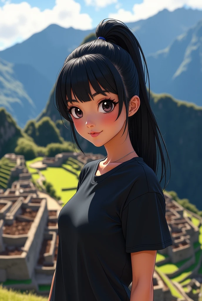 I am Peruvian with black hair and bangs, big eyes, I do my anime and I always have my hair combed in a ponytail as a background. I want Machu Picchu and I am a gym rat. I wear a black oversize t-shirt.