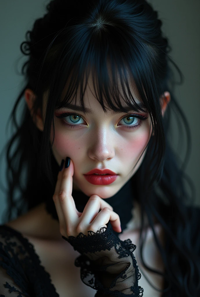 beautiful girl, black hair, bangs and long ponytail, natural blue eyes, strongly outlined gothic style eyes, high detail, pose of the index finger on the cheek, she looks expressively at the camera in a close-up detailing her beautiful face , cinematographic lighting, 8k, masterpiece