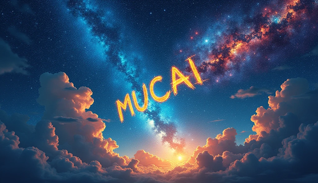 Expressionist artwork, mysterious, Cosmic Sky with the words 'MUCAI' stretching across the sky, 8k uhd