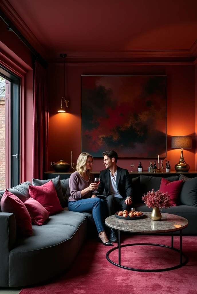 Living room wine red with dark grey

