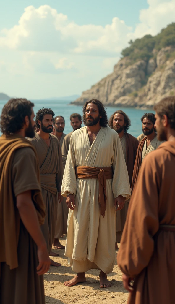"Jesus choosing His disciples, wearing plain robes, 1st century, selecting them not for their status but for their faith, the twelve men in simple clothing, at the shore of the Sea of Galilee, boats and nets in the background, hyper-realistic, photo realism, cinematography -- ar 9:16"