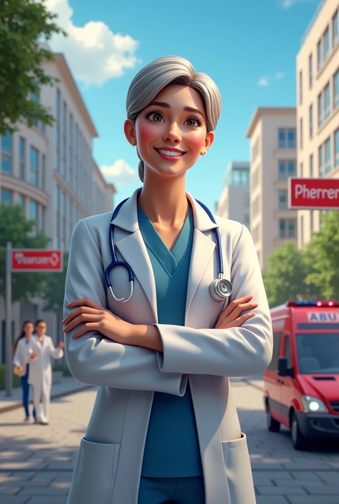 A realistic health-themed political campaign poster, 3d.  Involving elements such as ambulances and background hospitals, realistic that is not a drawing