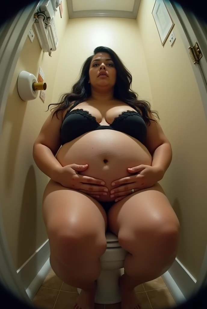 Pov fisheye camera view when fat mother cardi B plus size is 9 months 39 weeks pregnant facial expression when defecating sitting on toilet at home with big belly and wearing bikini bra. HD, cinematic, 25k, ultra detail, extra-high shapering, masterpiece