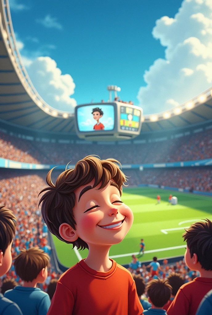Cartoon of a child closing his eyes imagining himself in a football stadium and appearing on TV