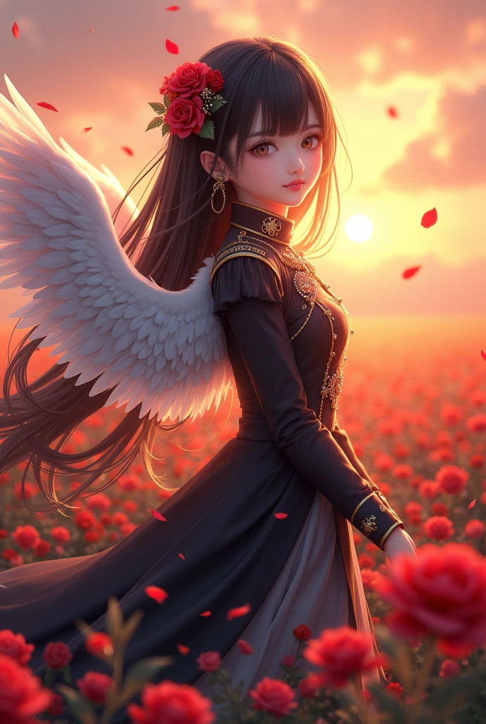 A beautiful anime-style girl standing in a vibrant flower field at sunset. She has long, flowing black hair adorned with red roses, and wears a dark, elegant military-style outfit with intricate details. White angelic wings extend from her back, and petals float gently in the air around her. The background features a soft, golden sunset, creating a warm and ethereal atmosphere. The girl's expression is serene, and the overall scene is magical and dreamlike.