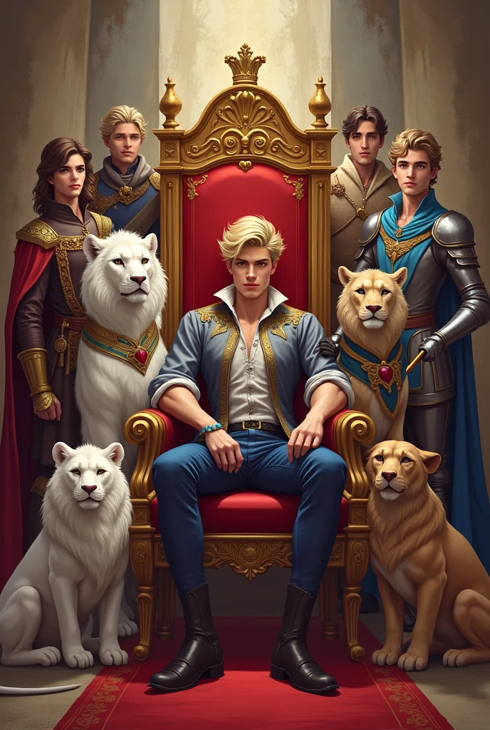 young handsome prince with blonde hair, sitting in a throne with a cute cat sitting in his lap, in his side there is another prince with ambitious gaze sitting in another throne, in his left side there is twin prince standi with their pet a white lion, in his side there is a Knight holding his sword,