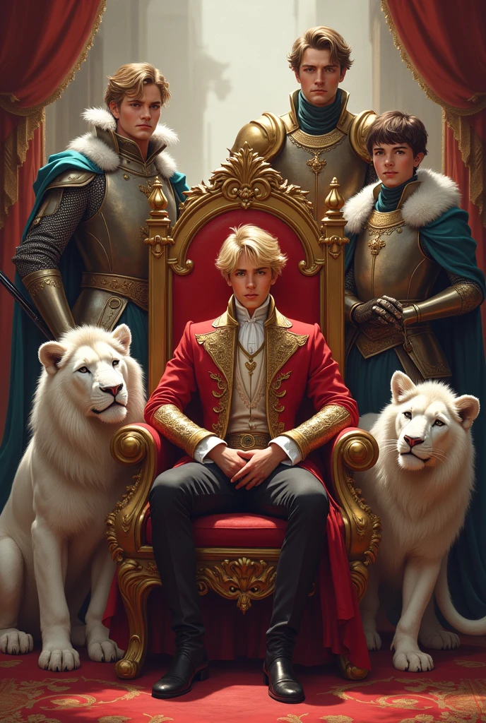 young handsome prince with blonde hair, sitting in a throne with a cute cat sitting in his lap, in his side there is another prince with ambitious gaze sitting in another throne, in his left side there is twin prince standi with their pet a white lion, in his side there is a Knight holding his sword,