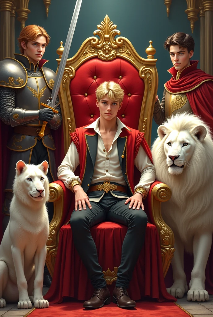 young handsome prince with blonde hair, sitting in a throne with a cute cat sitting in his lap, in his side there is another prince with ambitious gaze sitting in another throne, in his left side there is twin prince standi with their pet a white lion, in his side there is a Knight holding his sword,