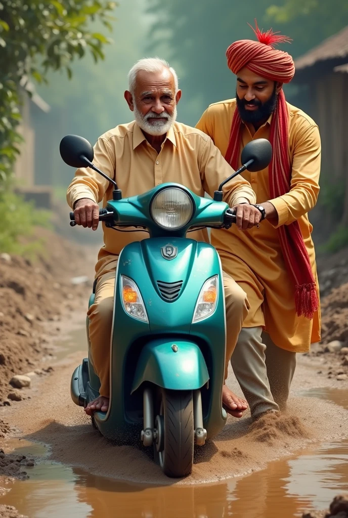 Ek uncle hai jinka scooter kichad mein fas Gaya hai unki help ladka Karta hai piche se vah dhakka de raha hai jismein shaadi ki sherwani pahani hai aur sar per sehra lagaya hai back images