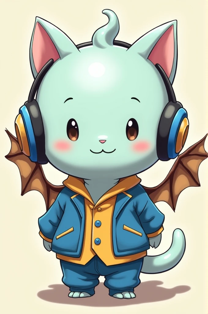 Animated character like cartoon with quartz white slime head as the whole body has brown damaged dragon wings has blue cat headphones and Jhonny Joestar clothes from JoJo&#39;s and Kawai face 