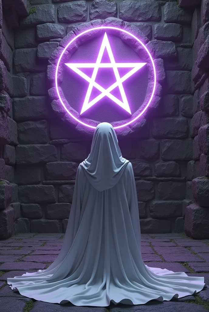 (priestess) A person kneeling and covered by a hooded cloak, (White cloack, white hood) the person is looking at a wall, (medieval wall, purple glowing magic symbol, Pentagram). ((From coasts pro observer)). (3D realism, 8k_wallpaper, HD)