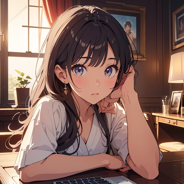 (beautiful girl: 1.3)、One girl、masterpiece、Highest quality、Ultra-high resolution、Perfect Face、Highly detailed face、Detailed eyes、Attractive eyes、Eye for detail、Detailed skin、Perfectly shaped、Symmetrical face、 Rich contrast、80s Anime、Vintage Anime、super high quality、8k、Highly detailed textures、Unbelievably absurd、Highly detailed CG unit wallpaper、RAW Photos、Depth of written boundary、16K、uhd、Perfect Anatomy、Cinematic Realism、Atmospheric lighting、Intricate details、Shadows in the movies、Cinema Lighting、In the room at home、Cute room、The room has a desk and a laptop、indirect lighting、It's late at night outside the window、Night Town(Beautiful scenery:1.2)、Lots of shooting stars、Full body view、Big, loose T-shirt、Modern clothing、Realistic clothing、Pale emerald green hair、Medium Short Hair、A melancholic look、Dark、Dark shading、Dynamic Angle、Rainbow Headphones,Listening to music、