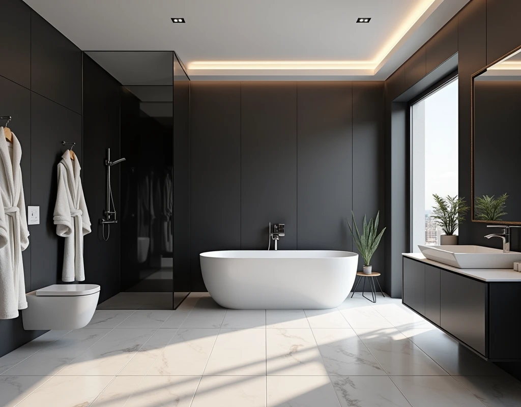 A modern apartment. bathroom design. Wide room. There is a big bathtub. There is a shower. There is a toilet. There is a sink. There are bath robe hanging on the wall. Interior design. Modern black and white interior. No big window.
