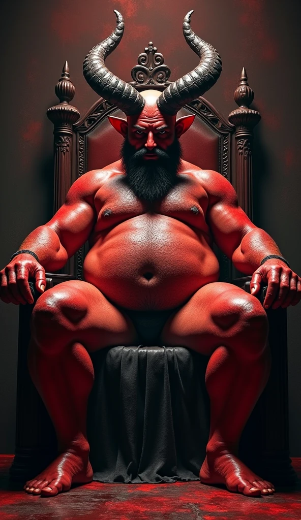 satan on his ruling throne, red skin, chubby, hairy, high resolution, ultra-detailed, sharp focus, detailed eyes, symmetrical eyes, expressive eyes, clear pupils, focused gaze , king's expression is intimidating with a sense of authority, solo, masterpiece, best quality, male, mature, manly, nipples, photorealistic, 8k, (wide dynamic range, hdr:1.2), sitting, (night:1.2), light, looking at viewer, pose, tight underwear with a realistic bulge in the front, emphasizing the natural shape, detailed fabric texture, soft shadows highlighting the contours ,full body, spread legs, shadow, leaning back, hell, very short fur, detailed skin texture, high contrast lighting, feet,