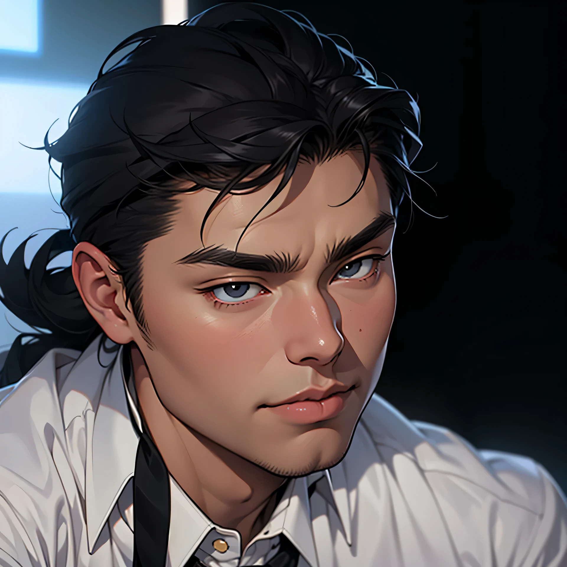 arafed man with a black tie and a gray shirt, dzung phung dinh, victor ngai, nivanh chanthara, ramil sunga, author li zhang, jon kuo, thawan duchanee, ruan jian, antilous chao, kakar cheung, bao pham, eric hu, feng shu, HD, (Best Detail), (Best Quality), (JOJO), Yuhiko Araki, eyelashes, clear eyes, character portrait